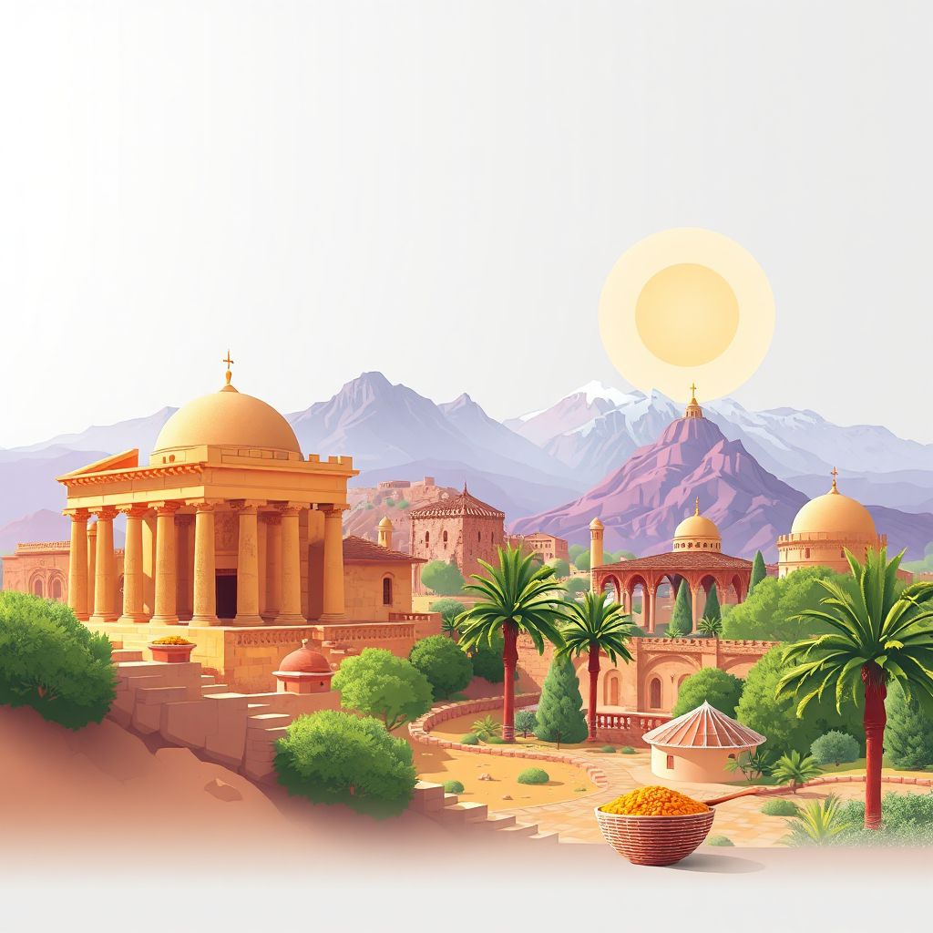 Ultra-high-definition gradient illustration style Ichemoul illustration, showing the unique charm of the Roman ruins of Tiddis, the Aurès Mountains.