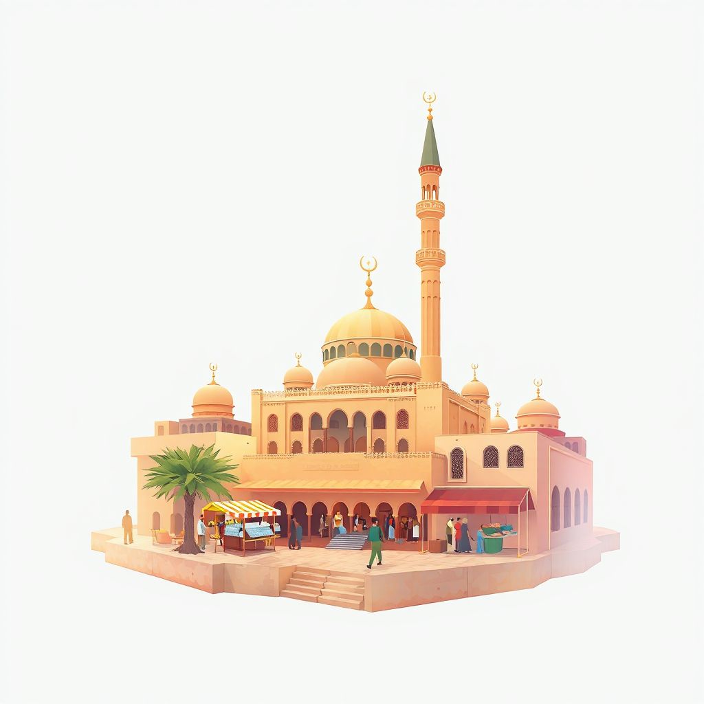 Ultra-high-definition gradient illustration style Ras El Aioun illustration, showing the unique charm of the Ras El Aioun Mosque and the local market.