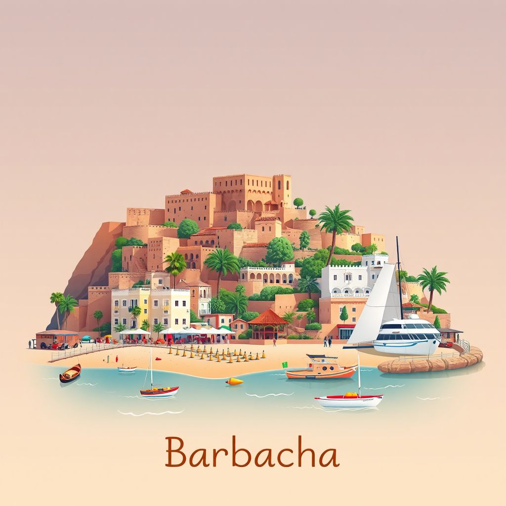 Ultra-high-definition gradient illustration style Barbacha illustration, showing the unique charm of the historic Kasbah of Bejaia and the beautiful beaches of Barbacha.