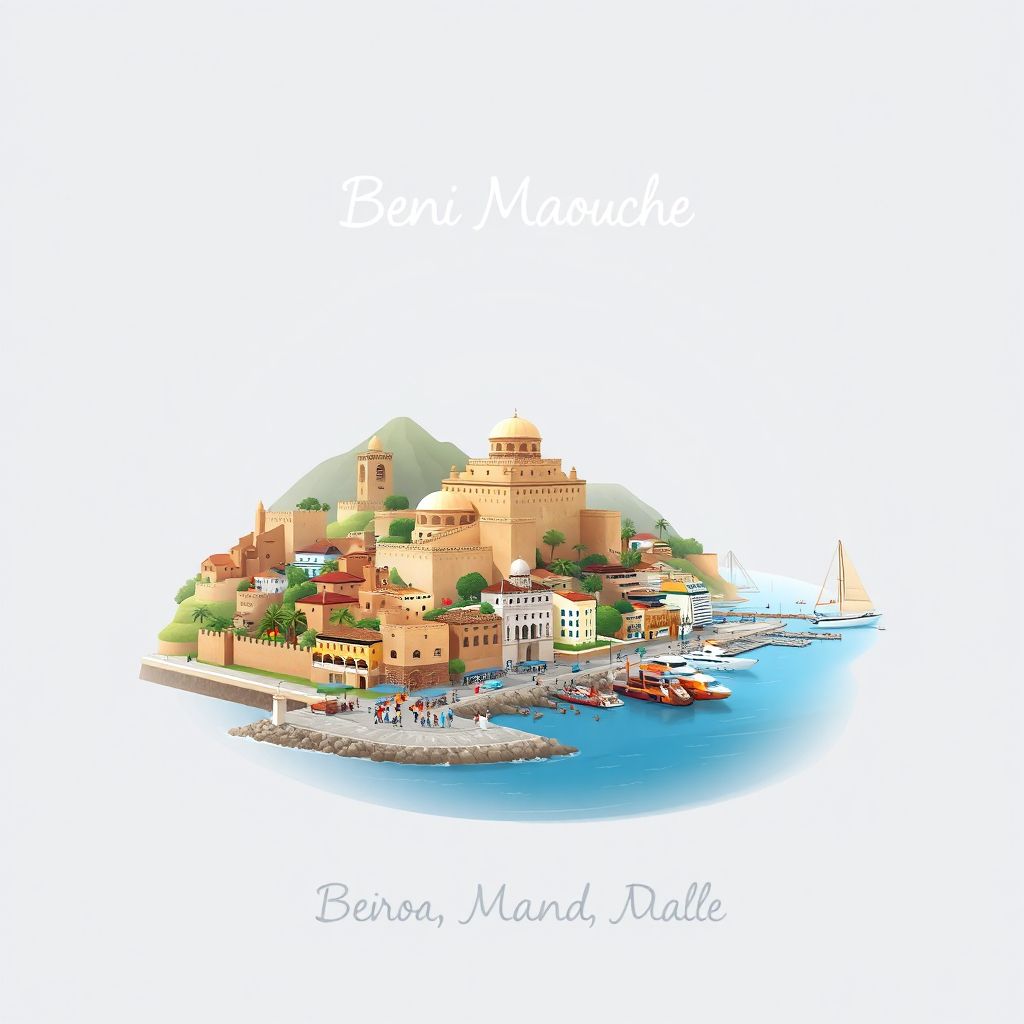 Ultra-high-definition gradient illustration style Beni Maouche illustration, showing the unique charm of the Bejaia Citadel, the Bejaia Port, and the Mediterranean coastline.