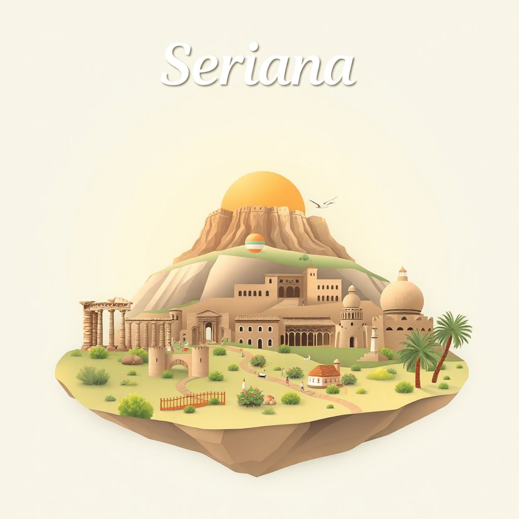 Ultra-high-definition gradient illustration style Seriana illustration, showing the unique charm of the Roman Ruins of Tiddis, the ancient city of Timgad, and traditional Algerian couscous.