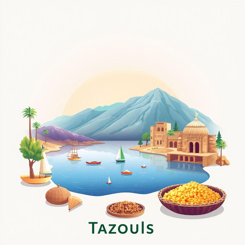 Ultra-high-definition gradient illustration style Tazoult illustration, showing the unique charm of the Tazoult Lake and the historic ruins of Tiddis.