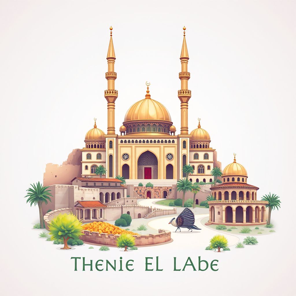 Ultra-high-definition gradient illustration style Theniet El Abed illustration, showing the unique charm of the Theniet El Abed Mosque, the ancient ruins of Tiddis.