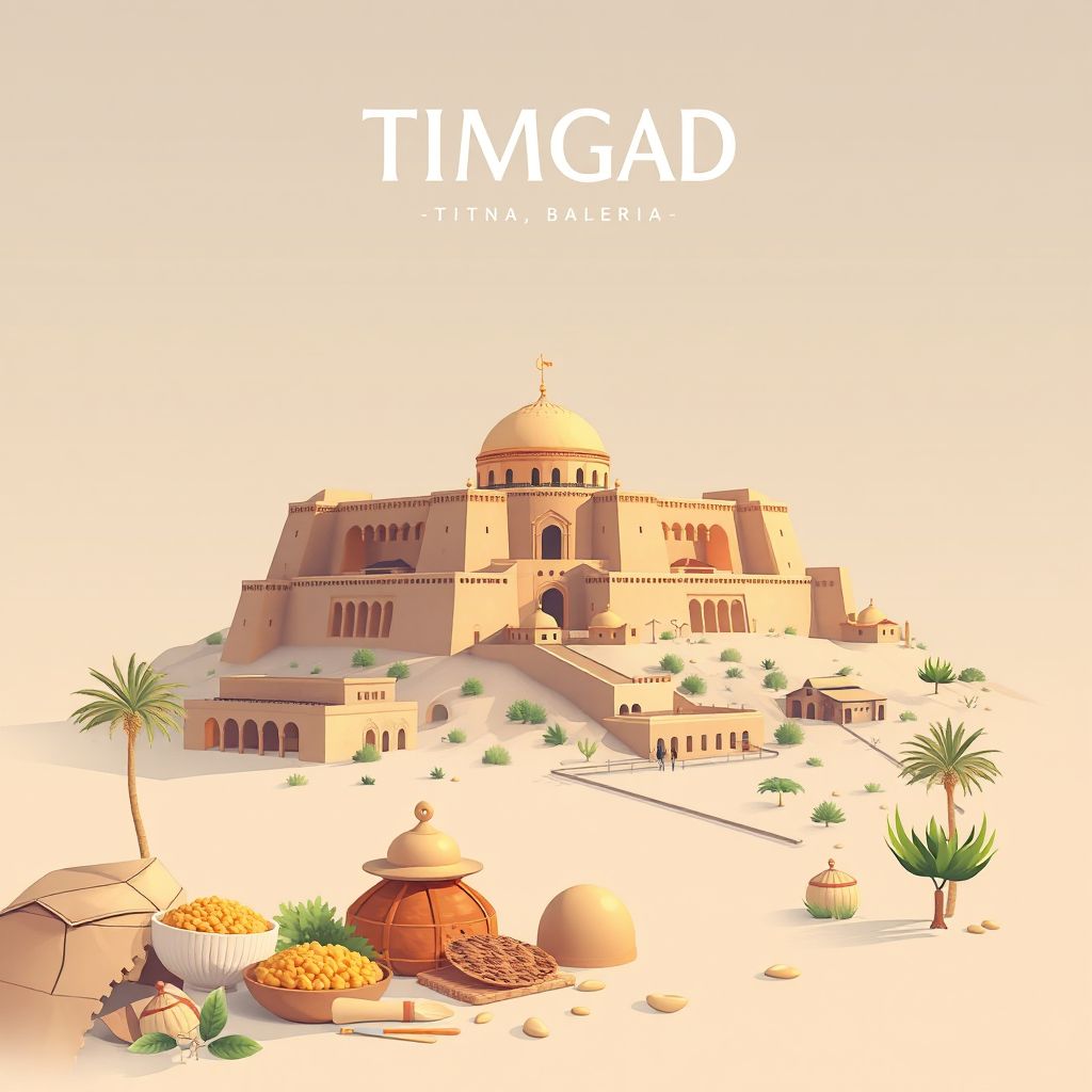 Ultra-high-definition gradient illustration style Timgad illustration, showing the unique charm of the Timgad Archaeological Site and Couscous.