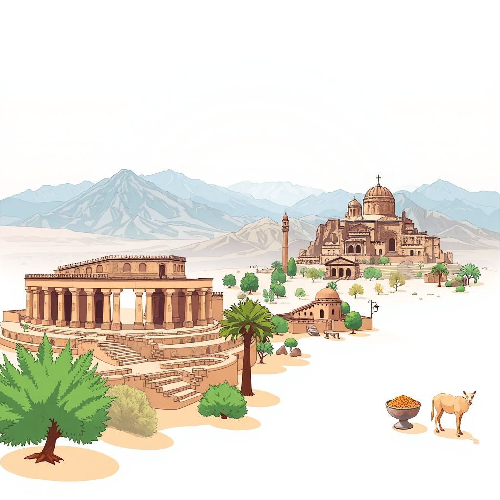 Ultra-high-definition gradient illustration style Tkout illustration, showing the unique charm of the Roman ruins of Timgad, the Aurès Mountains, and traditional Algerian couscous.
