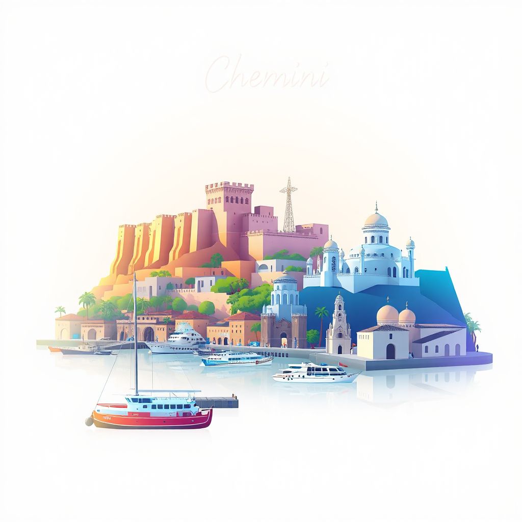 Ultra-high-definition gradient illustration style Chemini illustration, showing the unique charm of the Bejaia Citadel, the Port of Bejaia, and the Church of Saint Mary Magdalene.