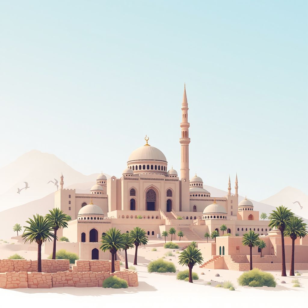 Ultra-high-definition gradient illustration style Abadla illustration, showing the unique charm of the Abadla Mosque, the ancient ruins of Tiddis, and date palm oases.