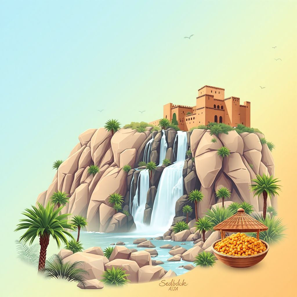 Ultra-high-definition gradient illustration style Seddouk illustration, showing the unique charm of the Seddouk Waterfalls, the historic Kasbah of Bejaia.
