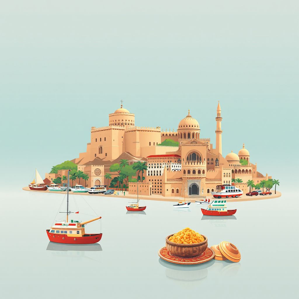 Ultra-high-definition gradient illustration style Adekar, Bejaia, Algeria illustration, showing the unique charm of the Citadel of Bejaia, the Port of Bejaia, and the historic Kasbah.