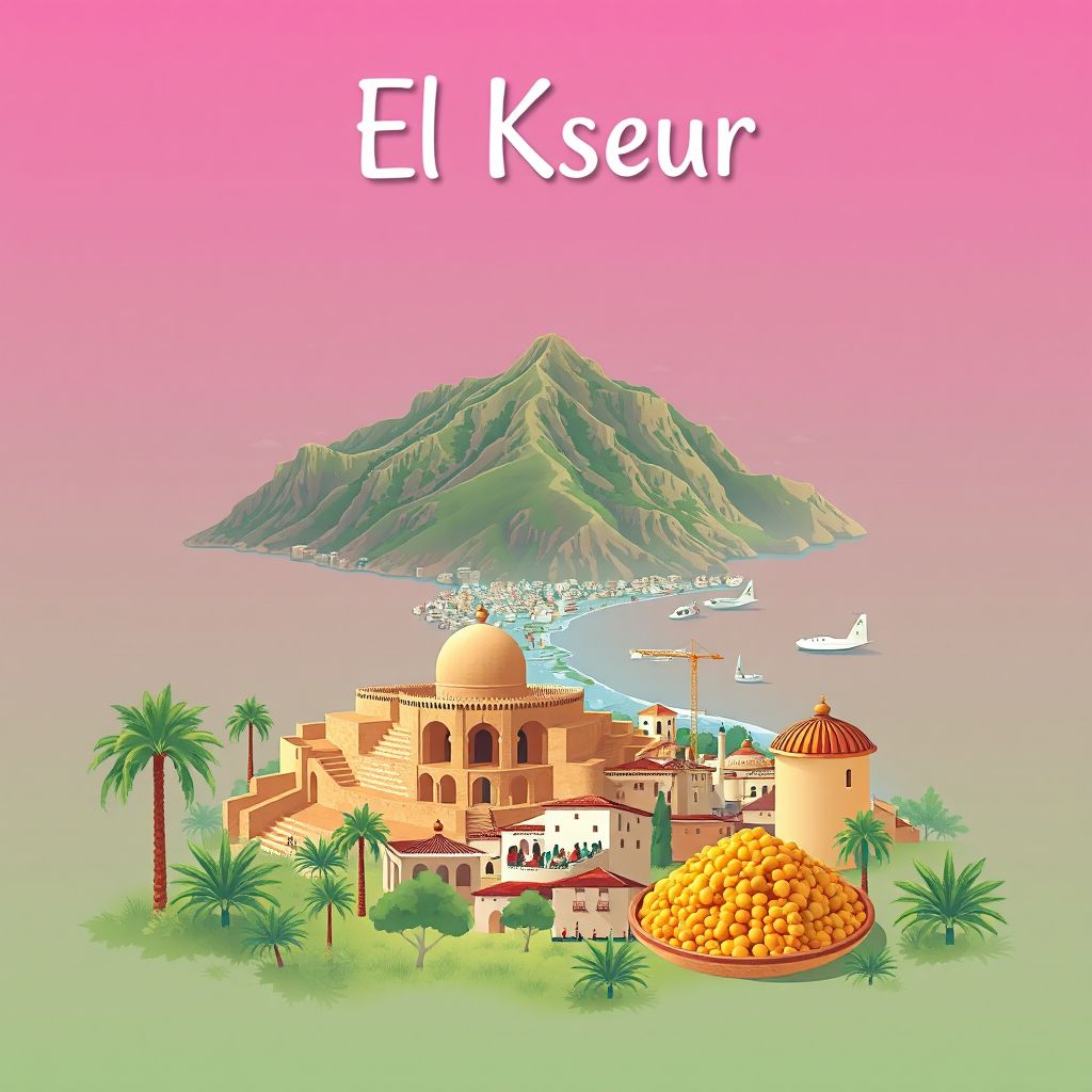 Ultra-high-definition gradient illustration style El Kseur illustration, showing the unique charm of the ancient ruins of Djebel El Kseur and the Mediterranean coast.