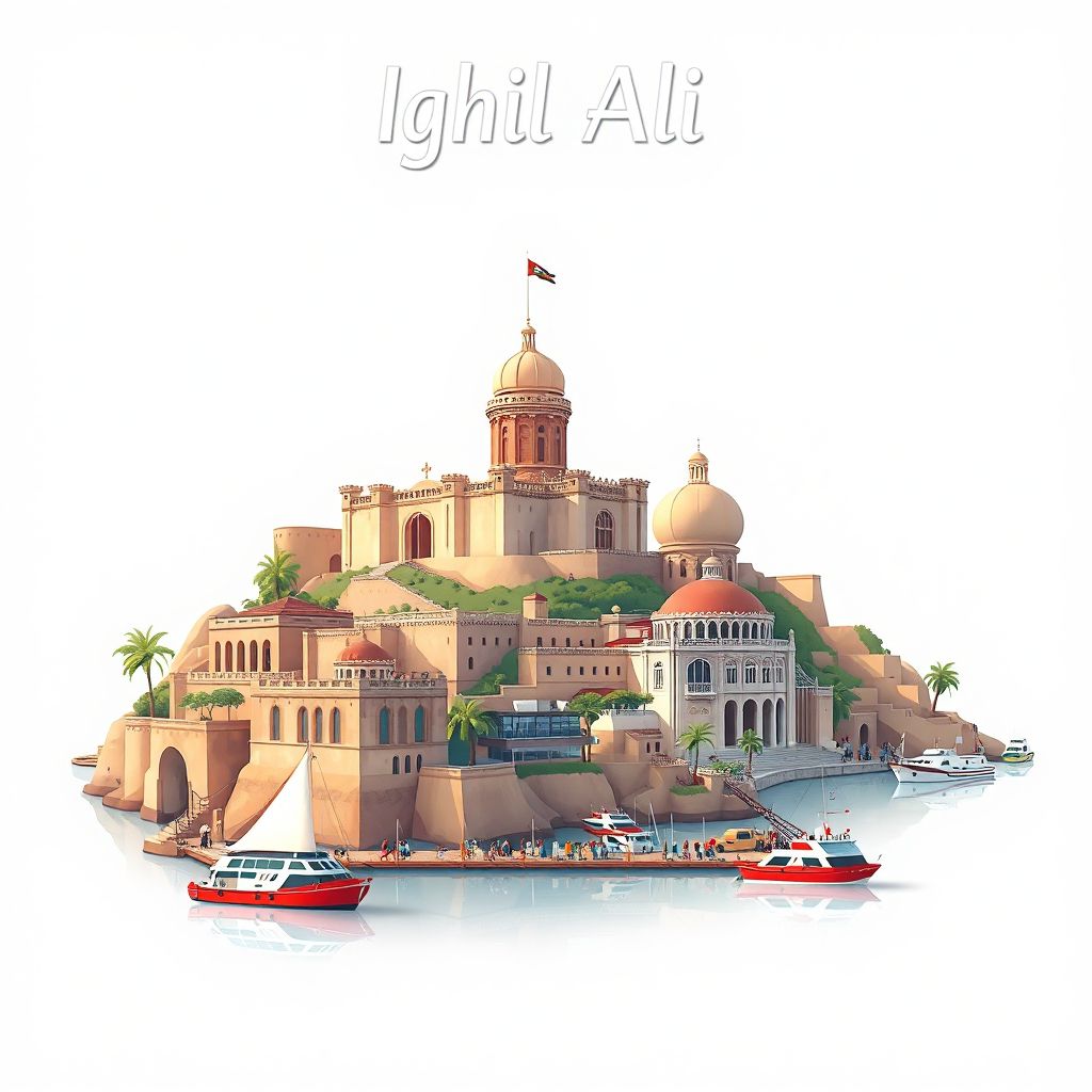 Ultra-high-definition gradient illustration style Ighil Ali illustration, showing the unique charm of the Bejaia Citadel, the Bejaia Port, and the Bejaia Museum.