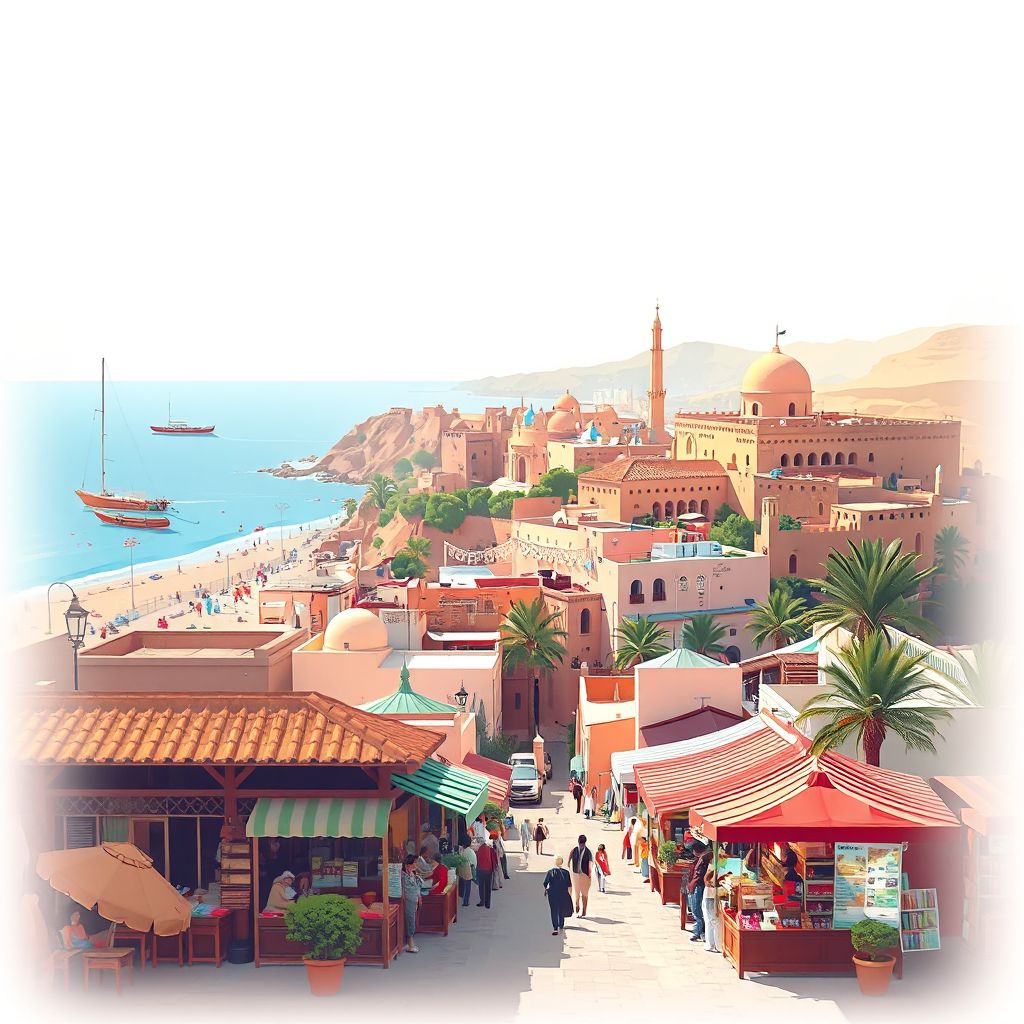 Ultra-high-definition gradient illustration style Souk El Tenine illustration, showing the unique charm of the Souk El Tenine Market, the historic Kasbah of Bejaia, and the Mediterranean coastline.