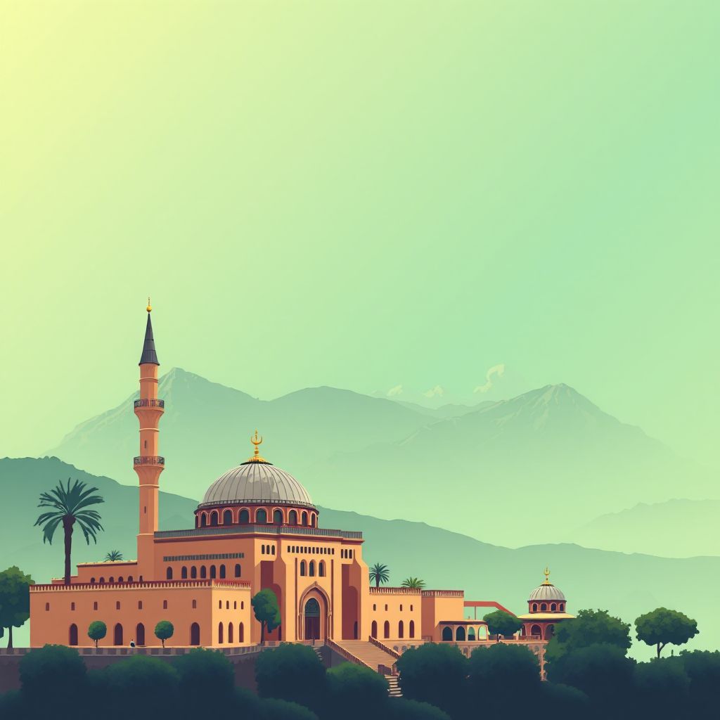 Ultra-high-definition gradient illustration style Tazmalt illustration, showing the unique charm of the Tazmalt Mosque and the picturesque landscapes of the surrounding mountains.