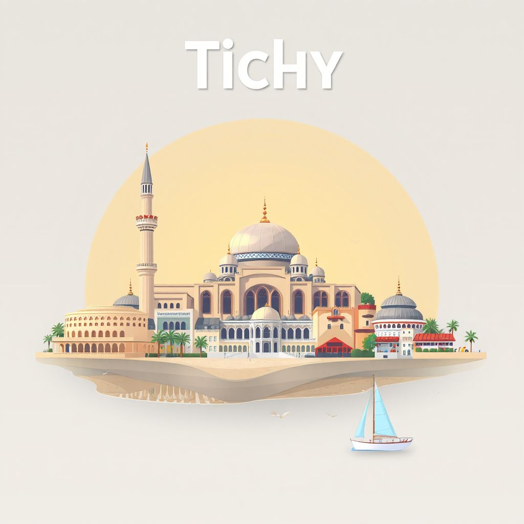 Ultra-high-definition gradient illustration style Tichy illustration, showing the unique charm of the Tichy Mosque, the Tichy Market, and the Tichy Beach.