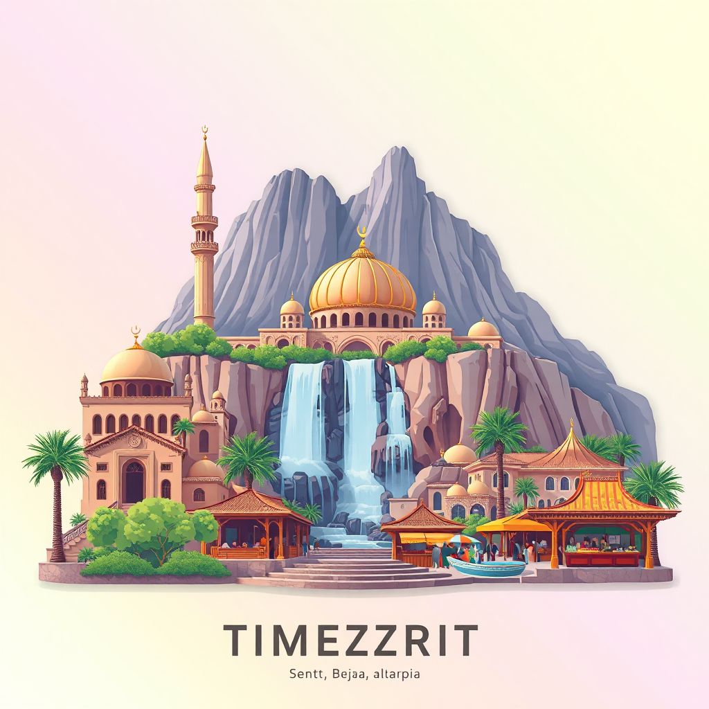 Ultra-high-definition gradient illustration style Timezrit illustration, showing the unique charm of the Timezrit Mosque, the Timezrit Waterfalls, and the Timezrit Market.