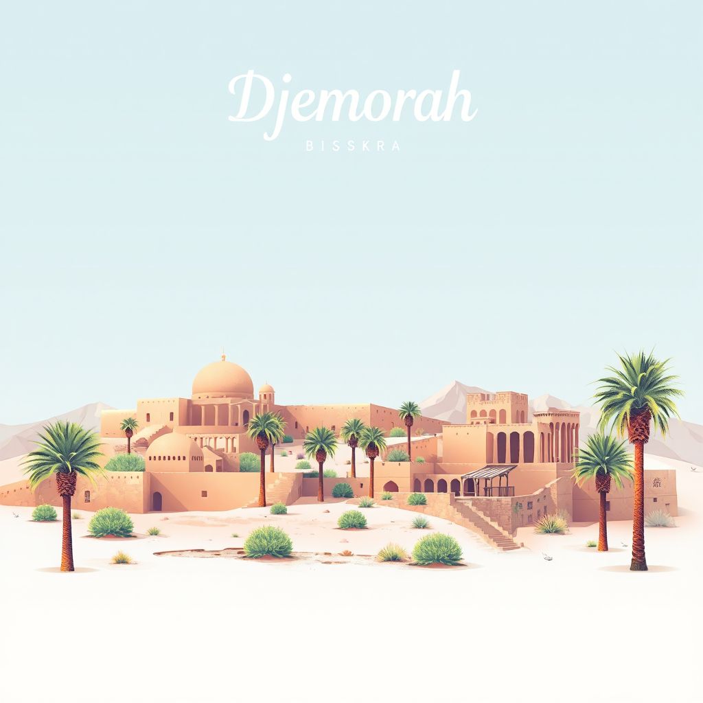 Ultra-high-definition gradient illustration style Djemorah illustration, showing the unique charm of the Biskra Oasis, the Roman Ruins of Tiddis, and date palm groves.