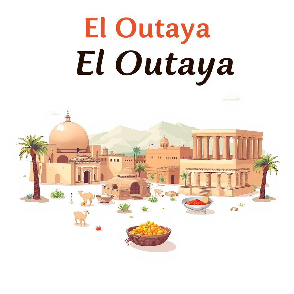 Ultra-high-definition gradient illustration style El Outaya illustration, showing the unique charm of the Biskra Oasis, the Roman Ruins of Tiddis, and couscous.