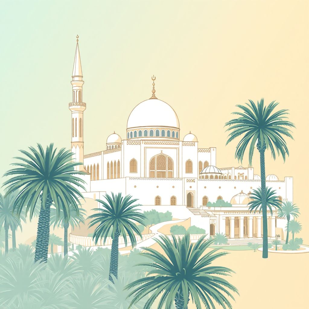 Ultra-high-definition gradient illustration style Mechouneche illustration, showing the unique charm of the Sidi Okba Mosque, the ancient ruins of Tighanimine, and the local palm groves.