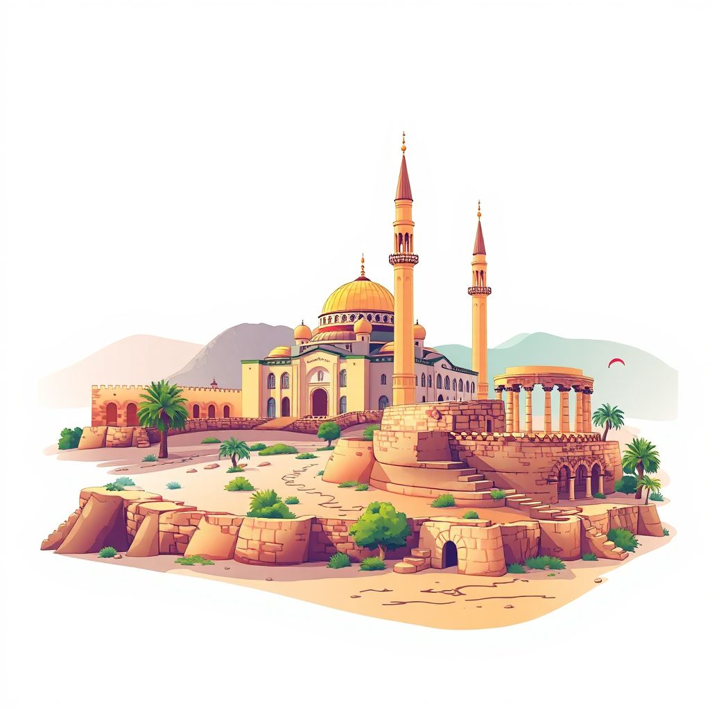 Ultra-high-definition gradient illustration style Sidi Okba illustration, showing the unique charm of the Sidi Okba Mosque and the ancient ruins of Tiddis.