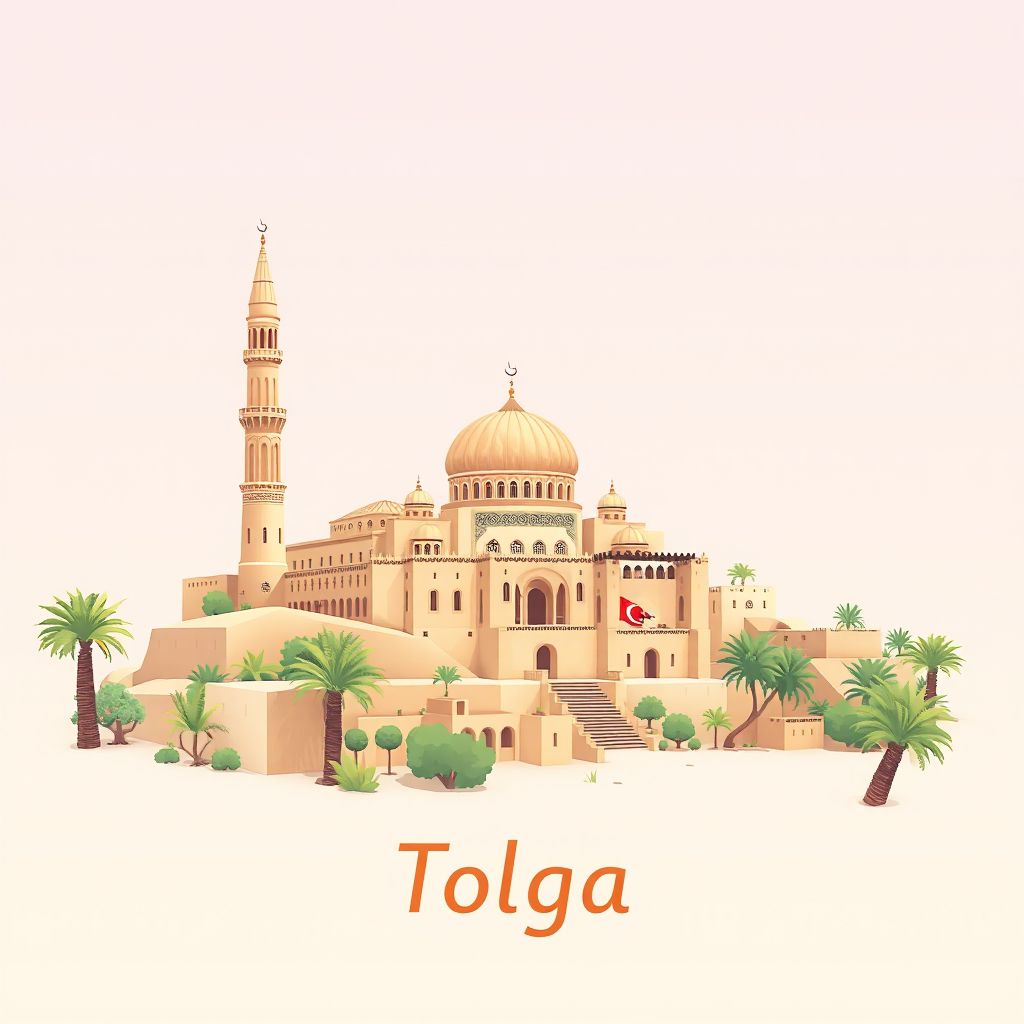 Ultra-high-definition gradient illustration style Tolga illustration, showing the unique charm of the Sidi Okba Mosque, and the beautiful oases.