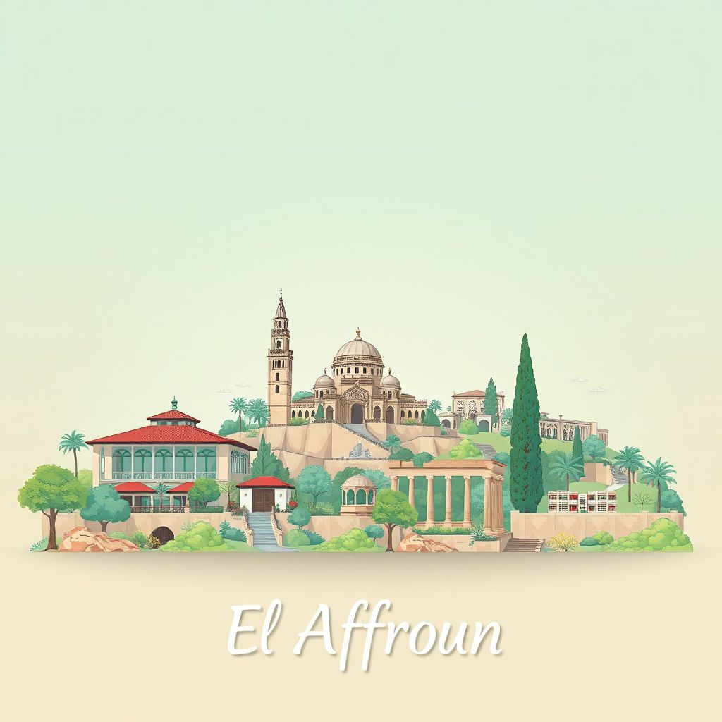 Ultra-high-definition gradient illustration style El Affroun illustration, showing the unique charm of the Blida Zoo, the Blida Botanical Garden, and the historic ruins of the Roman city of Altava.