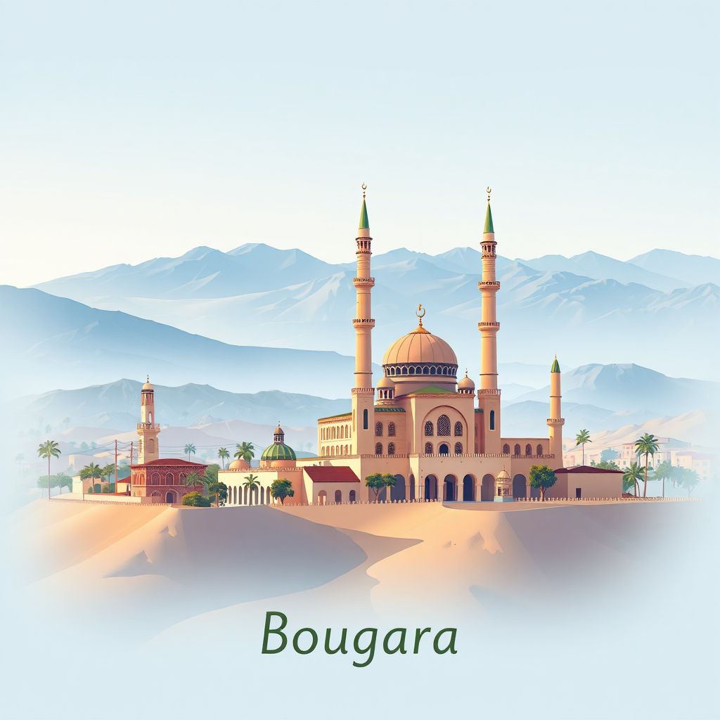Ultra-high-definition gradient illustration style Bougara illustration, showing the unique charm of the Bougara Mosque and the Mitidja Plain.