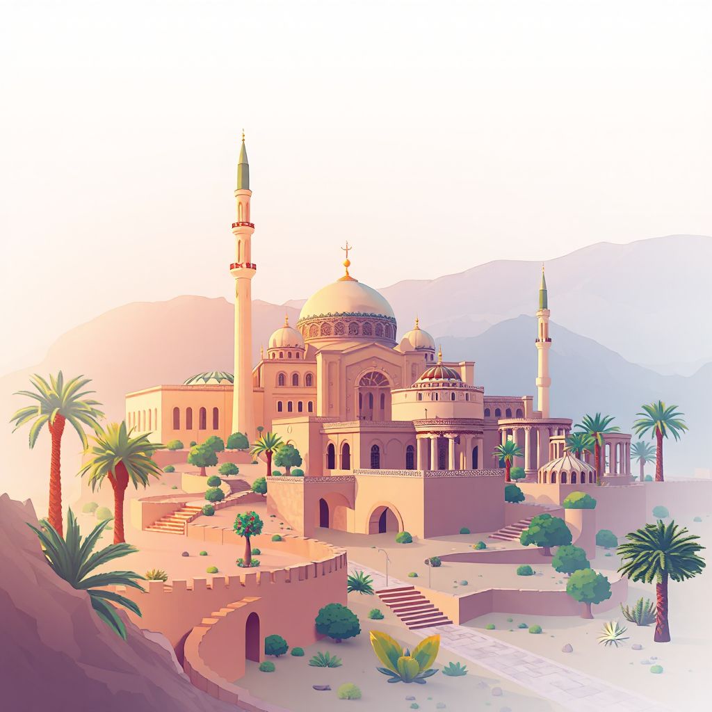 Ultra-high-definition gradient illustration style Larbaa illustration, showing the unique charm of the Larbaa Mosque, the historic ruins of the Roman city of Calama.