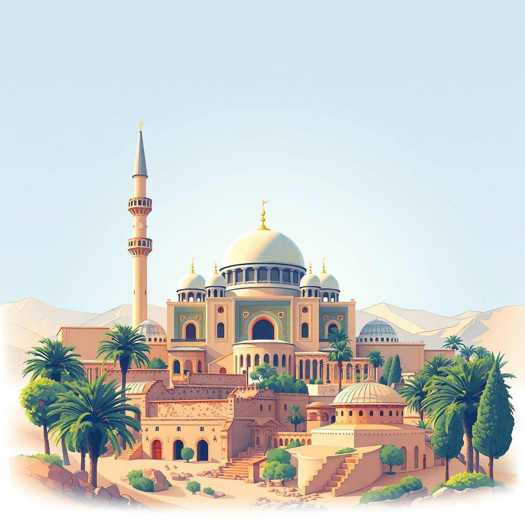 Ultra-high-definition gradient illustration style Meftah illustration, showing the unique charm of the Meftah Mosque, the historic ruins of the Roman city of Calama.