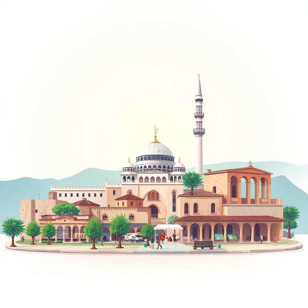 Ultra-high-definition gradient illustration style Mouzaia illustration, showing the unique charm of the Mouzaia Mosque, the historic ruins of the Roman Villa, and the local market.