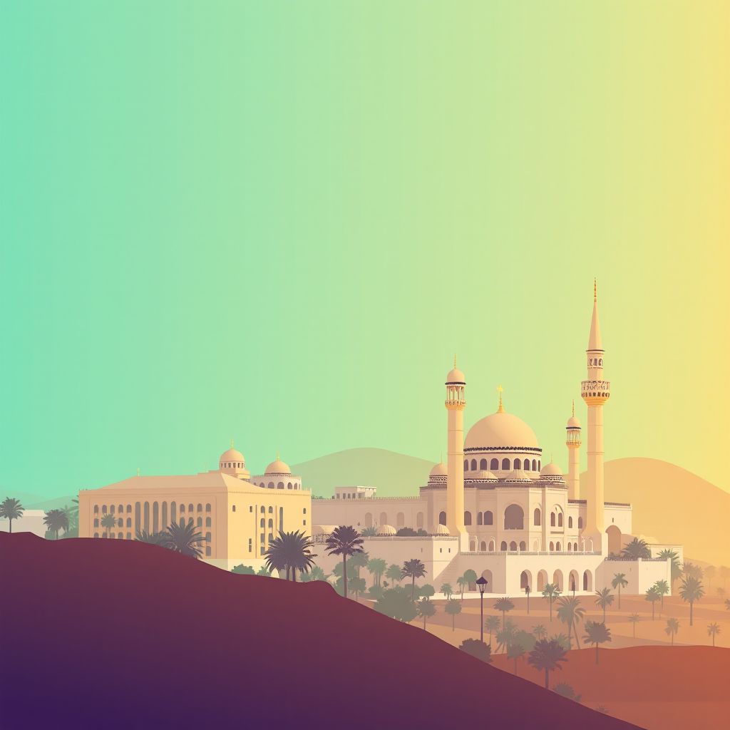Ultra-high-definition gradient illustration style Oued El Alleug illustration, showing the unique charm of the Blida University, the Blida Botanical Garden, and the Blida Mosque.