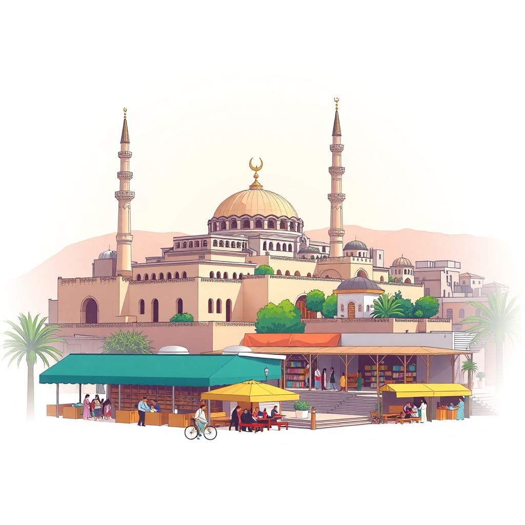 Ultra-high-definition gradient illustration style Ain Taghrout illustration, showing the unique charm of the Ain Taghrout Mosque, and the Ain Taghrout Market.