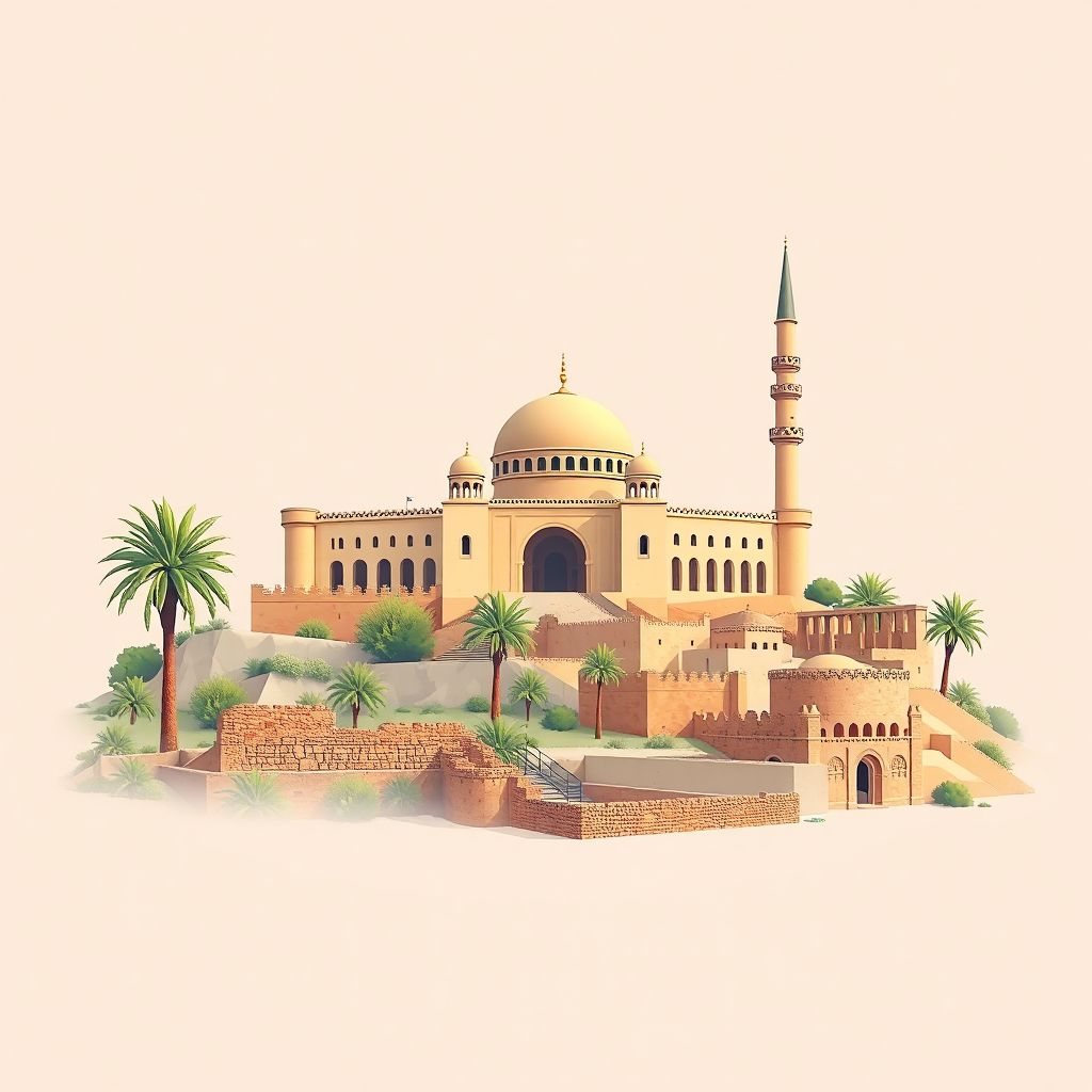 Ultra-high-definition gradient illustration style Bir Kasdali illustration, showing the unique charm of the Great Mosque of Bordj Bou Arreridj, and the historic ruins of Bir Kasdali.