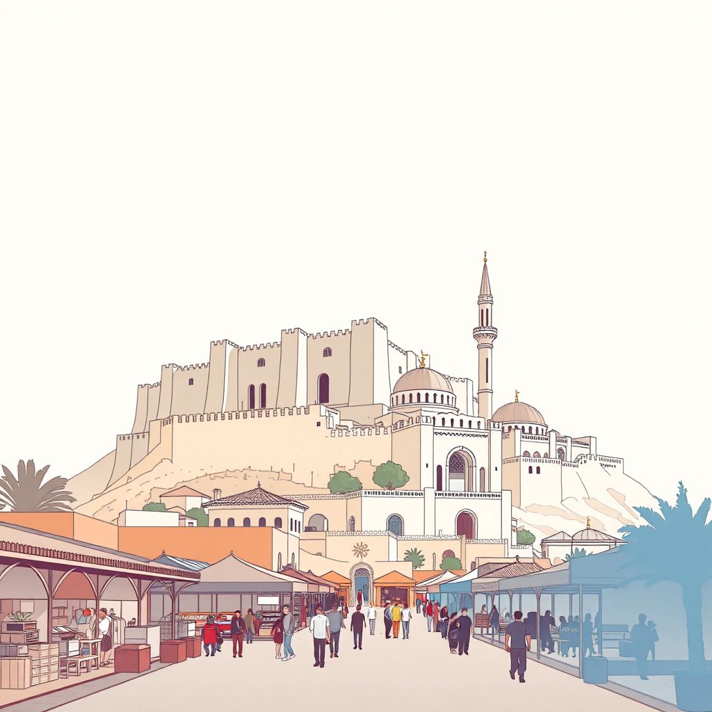 Ultra-high-definition gradient illustration style Bordj Ghedir illustration, showing the unique charm of the Bordj Ghedir Fort, the historic mosque, and the local market.