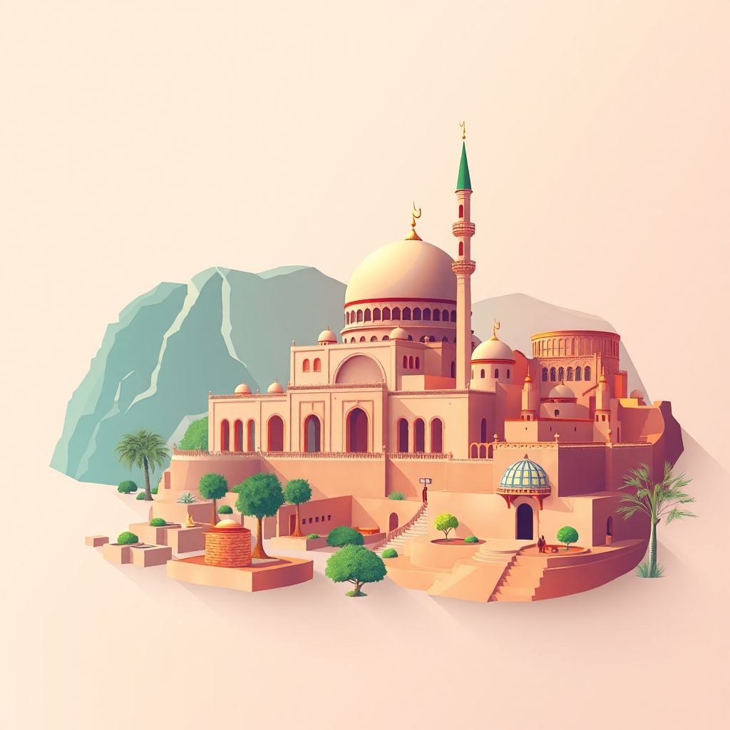 Ultra-high-definition gradient illustration style El Hamadia illustration, showing the unique charm of the Great Mosque of El Hamadia and historic ruins of Bordj Bou Arreridj.