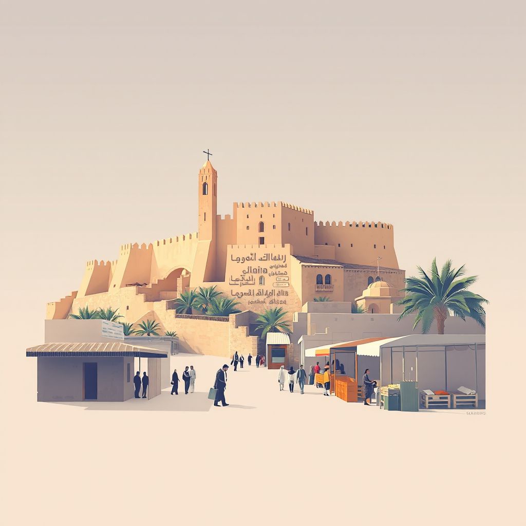 Ultra-high-definition gradient illustration style Ksar El Hirane illustration, showing the unique charm of the Ksar El Hirane Fort and the local market.