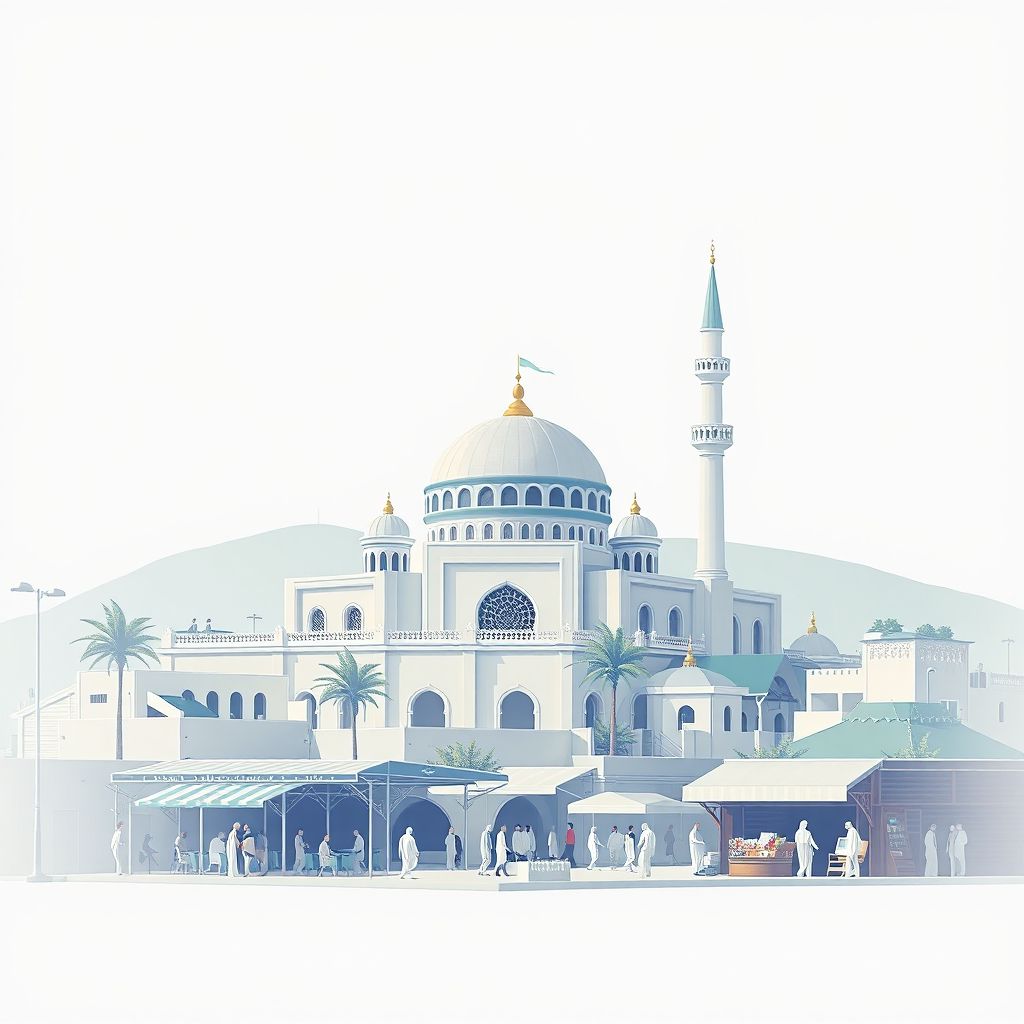 Ultra-high-definition gradient illustration style Mansourah image, showing the unique charm of the Mansourah Mosque and the local market.