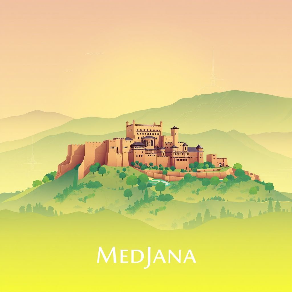 Ultra-high-definition gradient illustration style Medjana illustration, showing the unique charm of the historic Kasbah of Bordj Bou Arreridj and the scenic beauty of the surrounding landscapes.