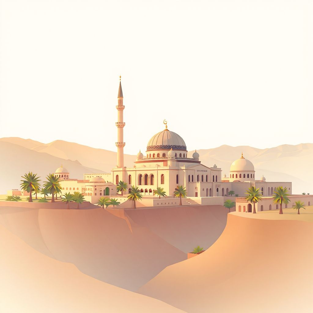 Ultra-high-definition gradient illustration style Mansourah illustration, showing the unique charm of the Mansourah Mosque and the Ghardaia Valley.
