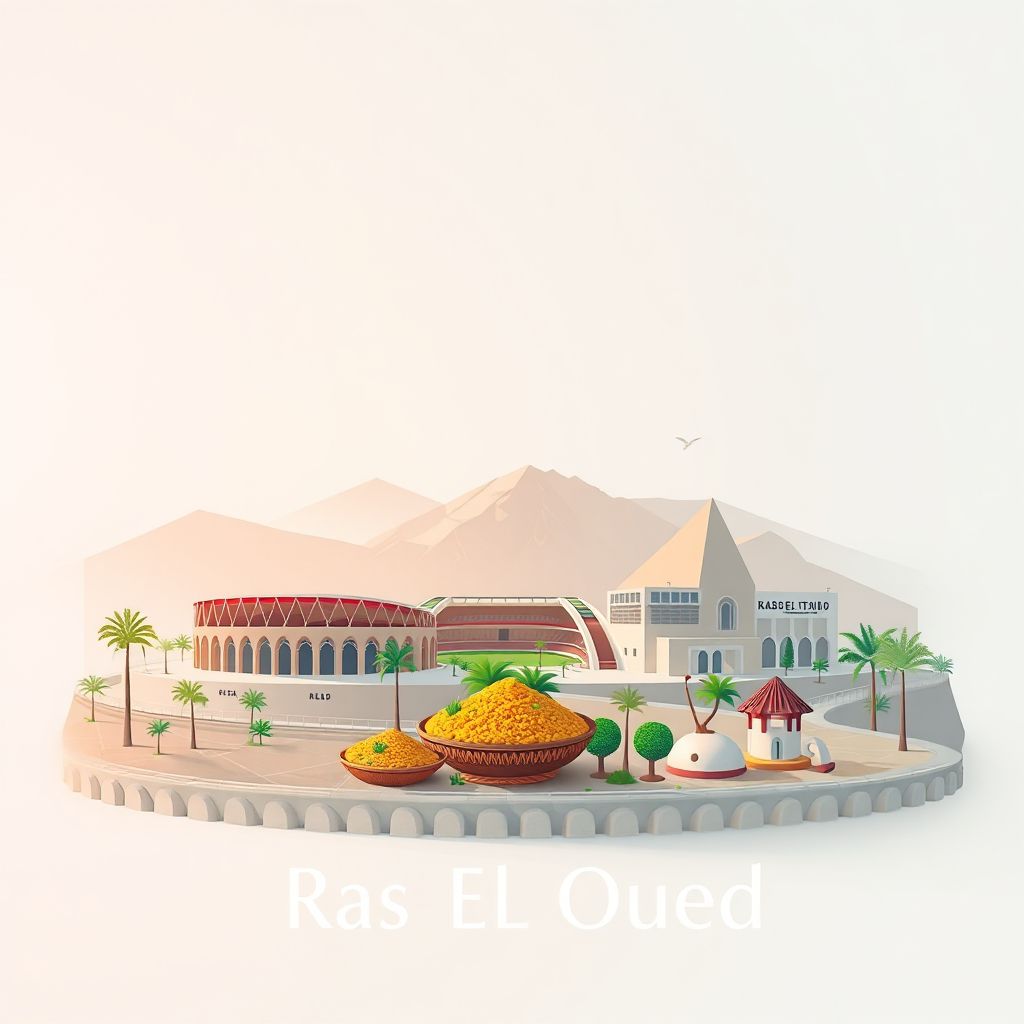Ultra-high-definition gradient illustration style image of Ras El Oued, featuring the Ras El Oued Stadium and traditional Algerian cuisine.