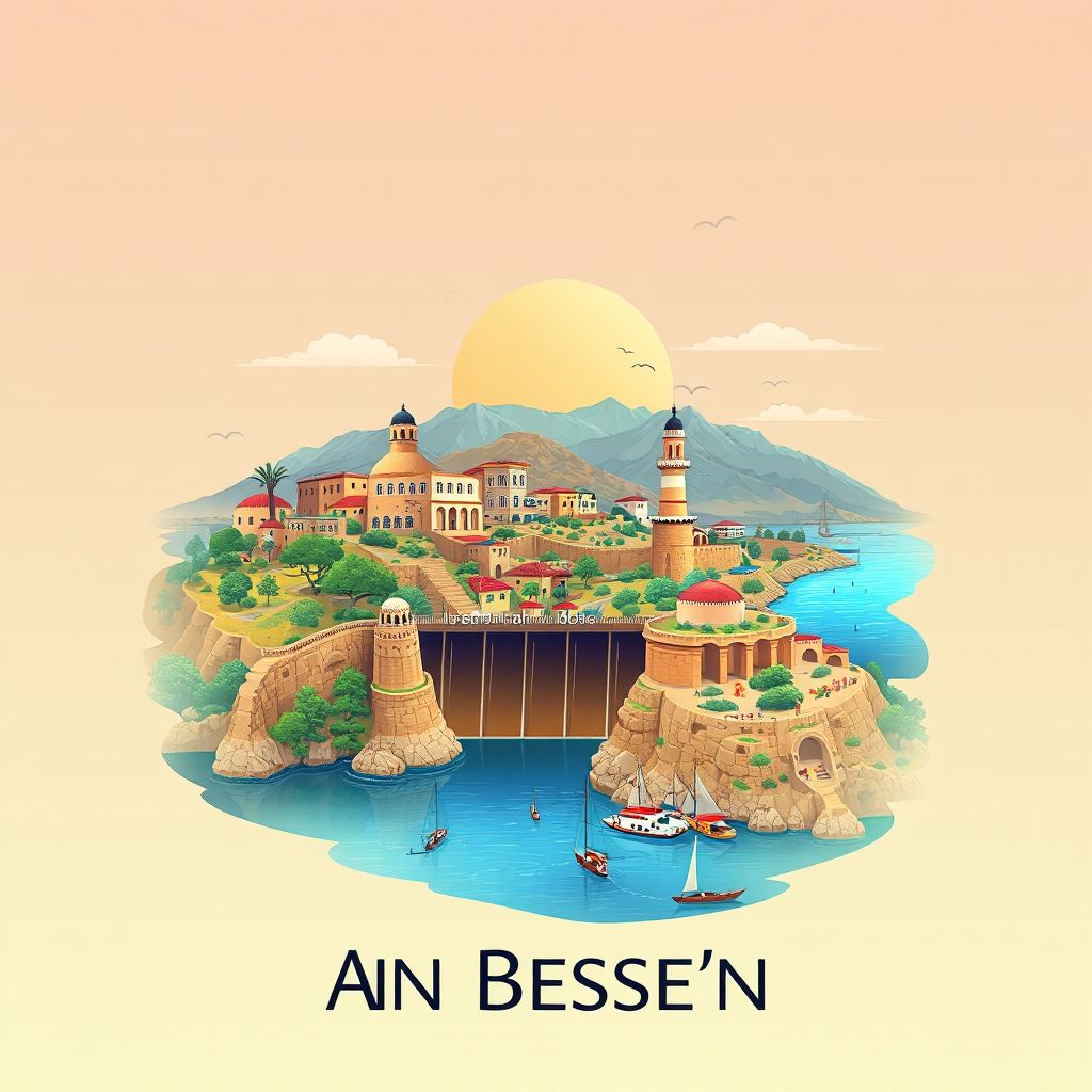 Ultra-high-definition gradient illustration style Ain Bessem illustration, showing the unique charm of the Ain Bessem Dam and the beautiful landscapes of the region.