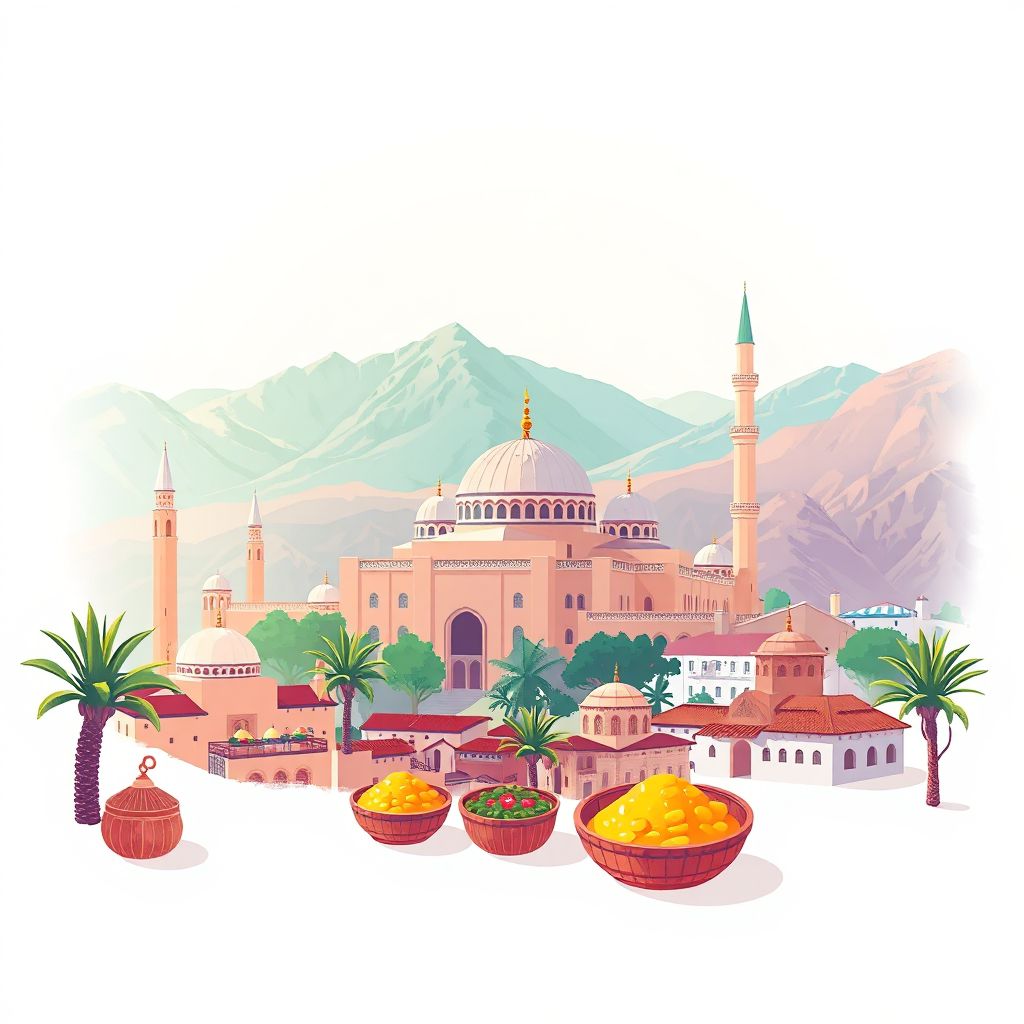 Ultra-high-definition gradient illustration style Bechloul illustration, showing the unique charm of the Bouira Mosque and the surrounding mountains.