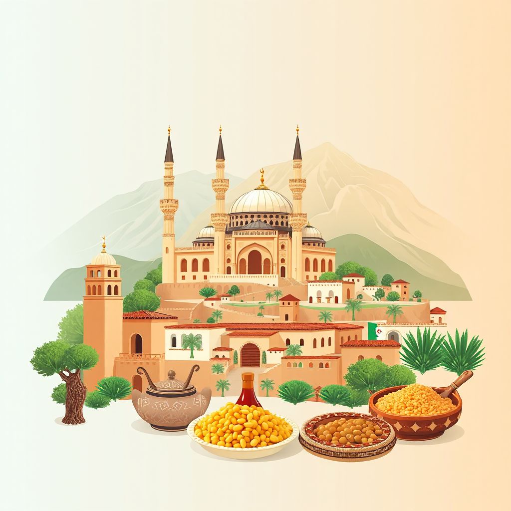 Gradient illustration of Bir Ghbalou, Bouira, Algeria, featuring the Bouira Mosque and scenic mountains.