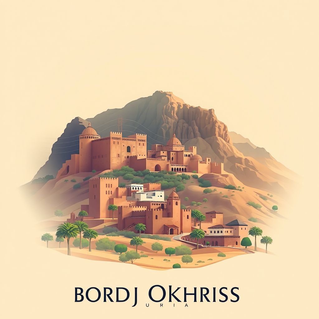 Ultra-high-definition gradient illustration of Bordj Okhriss, featuring the historic Kasbah and Djurdjura National Park.