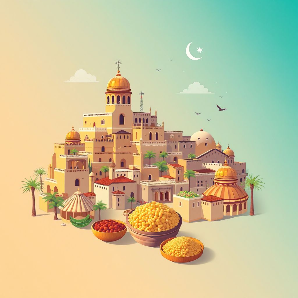 Ultra-high-definition gradient illustration style Metlili illustration, showing the unique charm of the Ghardaia Old Town, the M'zab Valley, and couscous.