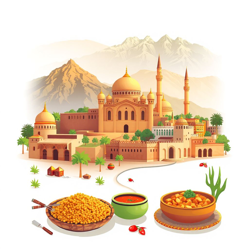 Ultra-high-definition gradient illustration of El Hachimia, Bouira, Algeria, featuring the Bouira Mosque and scenic mountains.