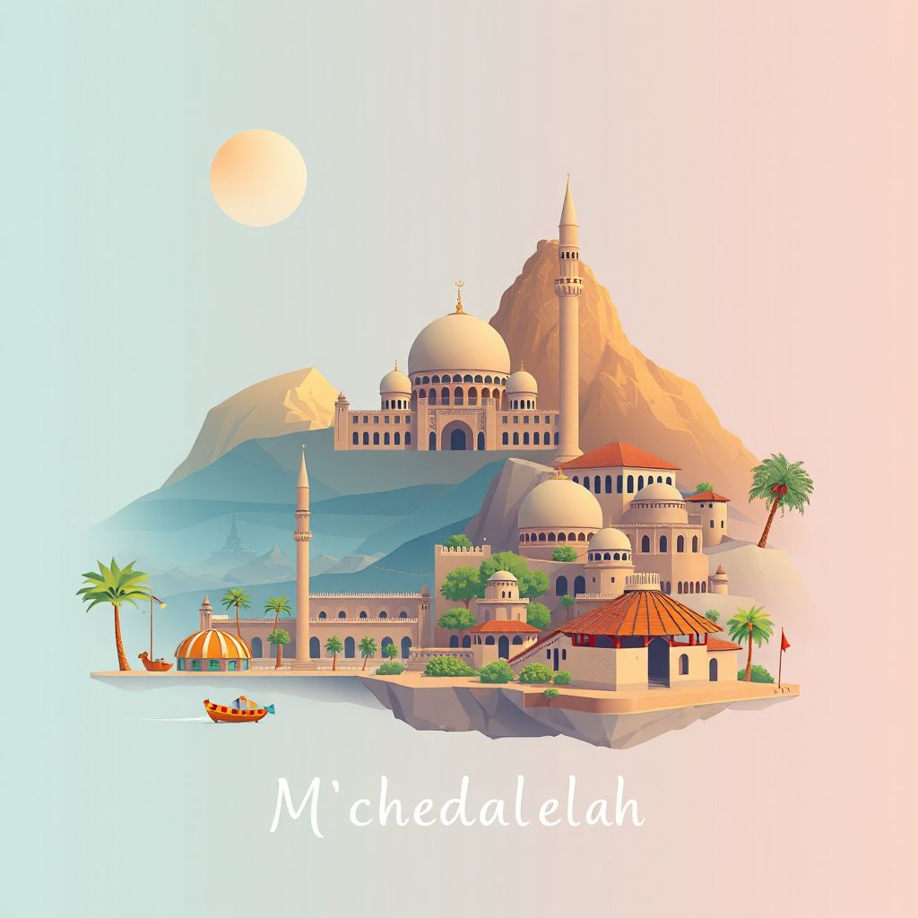 Ultra-high-definition gradient illustration style M'chedallah illustration, showing the unique charm of the Bouira Mosque and the scenic views of the Djurdjura National Park.