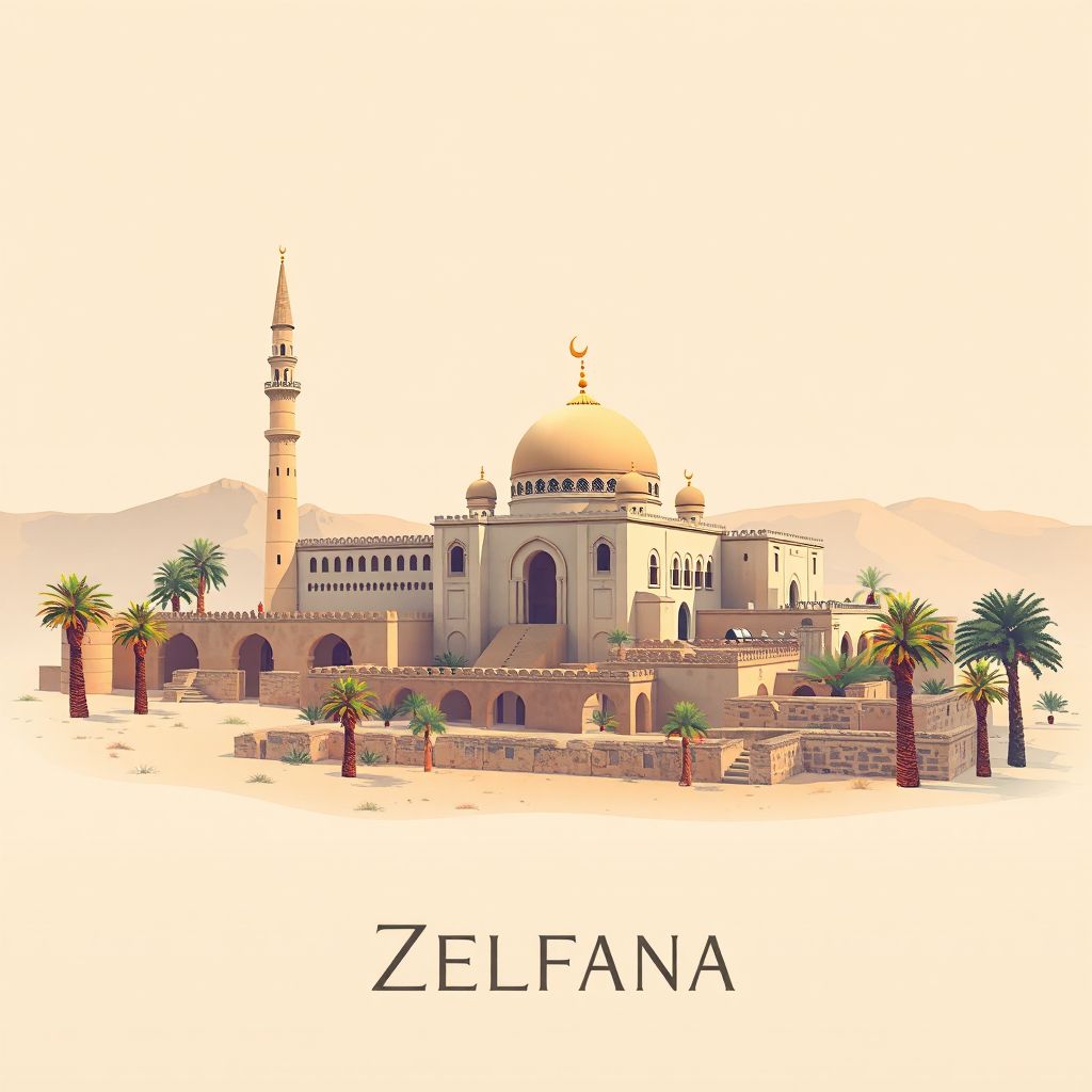 Ultra-high-definition gradient illustration style Zelfana illustration, showing the unique charm of the Zelfana Mosque, the ancient ruins of Zelfana, and the local date palm oases.