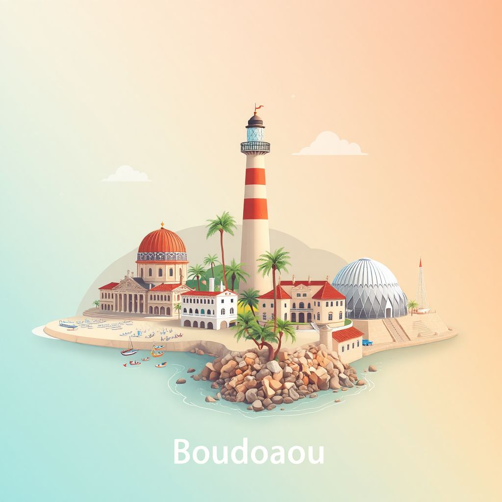 Ultra-high-definition gradient illustration style Boudouaou illustration, showing the unique charm of the Boumerdes Beach, the Boumerdes Lighthouse, and the Boumerdes Museum.