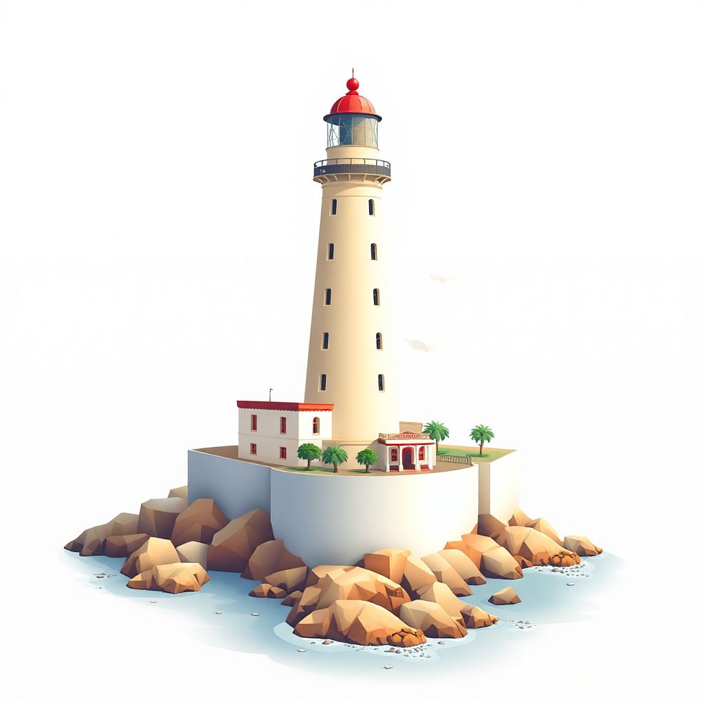 Ultra-high-definition gradient illustration style Boumerdes image, showing the unique charm of the Boumerdes Lighthouse and the beautiful beaches.