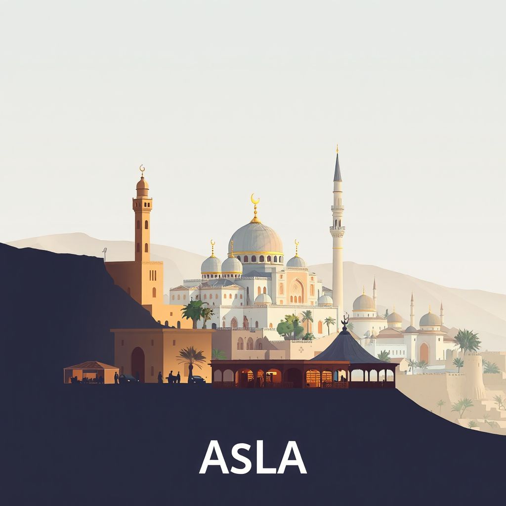 Ultra-high-definition gradient illustration style Asla illustration, showing the unique charm of the Asla Mosque, the Asla Oasis, and the Asla Market.